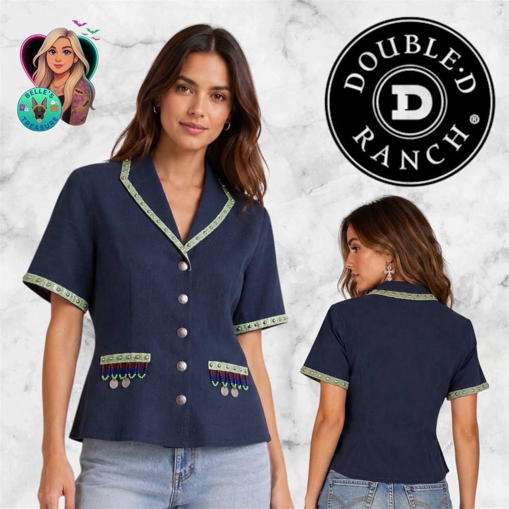 Double D Ranchwear Womens XS Navy Linen Blend Western Beaded Short Sleeve Blazer